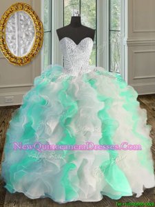 Popular White and Green Sleeveless Organza Lace Up Vestidos de Quinceanera for Military Ball and Sweet 16 and Quinceanera