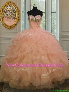 Custom Design Beading and Ruffles Quinceanera Gowns Peach Lace Up Sleeveless Floor Length