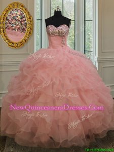 Shining Floor Length Ball Gowns Sleeveless Watermelon Red Quinceanera Dresses Lace Up