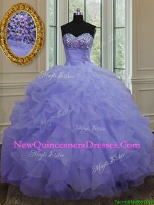 Beauteous Lavender Lace Up Sweetheart Beading and Ruffles Sweet 16 Dresses Organza Sleeveless