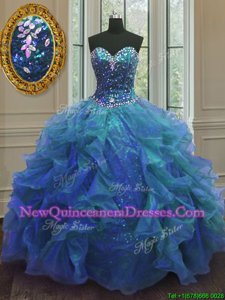 Noble Blue Ball Gowns Sweetheart Sleeveless Organza and Sequined Floor Length Lace Up Beading and Ruffles Quinceanera Gown