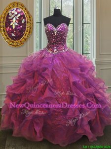 On Sale Purple Sleeveless Organza and Sequined Lace Up Quince Ball Gowns for Military Ball and Sweet 16 and Quinceanera