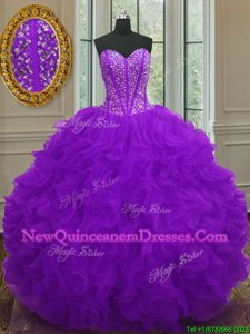 Artistic Purple Sweetheart Lace Up Beading and Ruffles Quince Ball Gowns Sleeveless