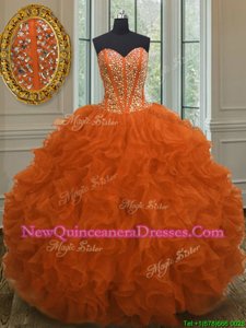 Luxurious Beading and Ruffles Ball Gown Prom Dress Orange Red Lace Up Sleeveless Floor Length