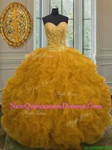 Noble Floor Length Lace Up 15 Quinceanera Dress Yellow and In for Military Ball and Sweet 16 and Quinceanera withBeading and Ruffles