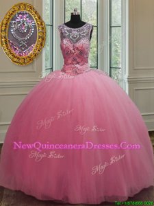 Pretty Scoop Rose Pink Sleeveless Tulle Lace Up 15 Quinceanera Dress for Military Ball and Sweet 16 and Quinceanera