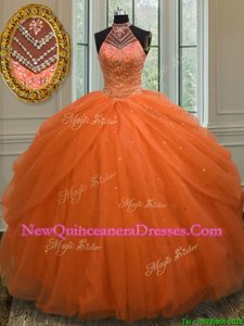 Elegant Halter Top Sleeveless Tulle Quinceanera Dresses Beading Lace Up