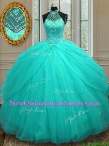 Custom Fit Halter Top Aqua Blue Sleeveless Tulle Lace Up Quinceanera Dresses for Military Ball and Sweet 16 and Quinceanera