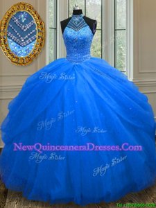 Fashion Royal Blue Halter Top Lace Up Beading Ball Gown Prom Dress Sleeveless