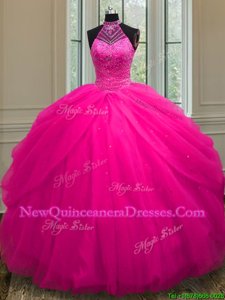 Halter Top Floor Length Lace Up Vestidos de Quinceanera Hot Pink and In for Military Ball and Sweet 16 and Quinceanera withBeading and Sequins