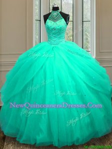 Latest Halter Top Sequins Floor Length Ball Gowns Sleeveless Turquoise Sweet 16 Dresses Lace Up