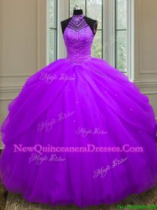 Purple Tulle Lace Up Halter Top Sleeveless Floor Length Quinceanera Gown Beading and Sequins