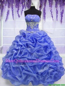 Inexpensive Blue Sweet 16 Dress Military Ball and Sweet 16 and Quinceanera and For withBeading and Pick Ups Strapless Sleeveless Lace Up