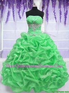 Sweet Spring Green Lace Up Strapless Beading Ball Gown Prom Dress Organza Sleeveless