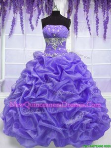 Superior Lavender Ball Gowns Strapless Sleeveless Organza Floor Length Lace Up Beading Quinceanera Gowns