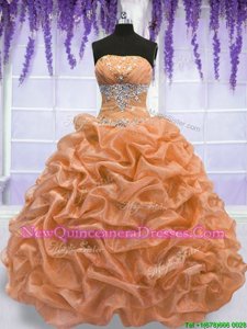 Amazing Strapless Sleeveless Lace Up 15th Birthday Dress Orange Organza