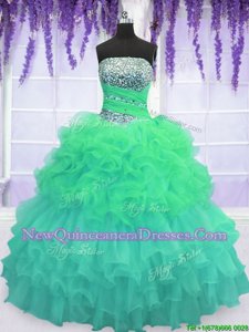 Modern Multi-color Organza Lace Up Strapless Sleeveless Floor Length Sweet 16 Dresses Beading and Ruffled Layers and Pick Ups