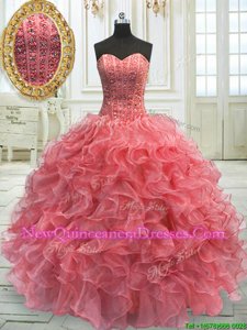 Luxurious Ball Gowns Vestidos de Quinceanera Watermelon Red Sweetheart Organza Sleeveless Floor Length Lace Up