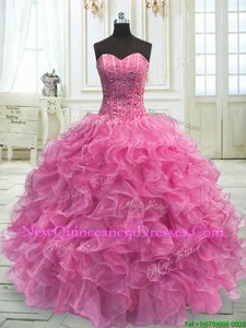 Elegant Rose Pink Sleeveless Organza Lace Up Quinceanera Gowns for Military Ball and Sweet 16 and Quinceanera