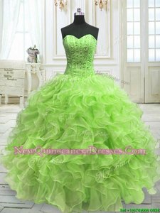 Amazing Sleeveless Organza Floor Length Lace Up 15th Birthday Dress inYellow Green withBeading and Ruffles