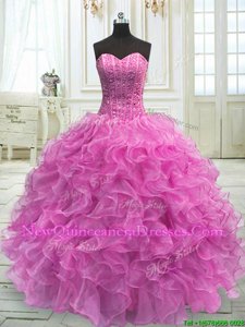 Spectacular Lilac Lace Up Quinceanera Dress Beading and Ruffles Sleeveless Floor Length