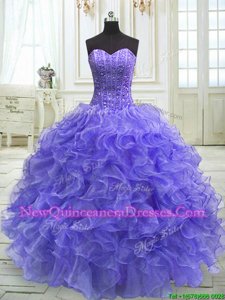 Pretty Sleeveless Floor Length Beading and Ruffles Lace Up Sweet 16 Quinceanera Dress with Purple