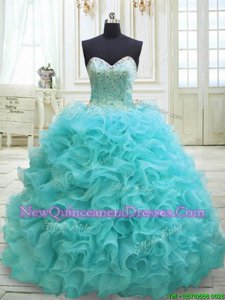 Gorgeous Aqua Blue Ball Gowns Sweetheart Sleeveless Organza Sweep Train Lace Up Beading and Ruffles Sweet 16 Dress