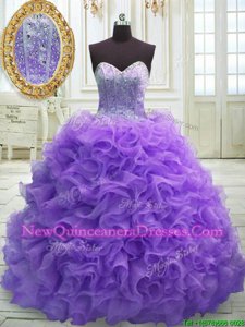 Flare Sleeveless Sweep Train Lace Up Beading and Ruffles Quince Ball Gowns