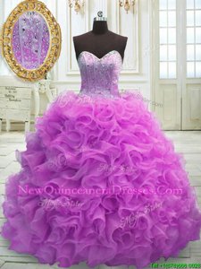 Dazzling Spring and Summer and Fall and Winter Organza Sleeveless 15th Birthday Dress Sweep Train andBeading and Ruffles