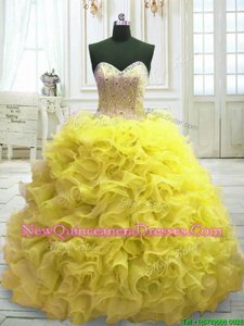 Modest Yellow Vestidos de Quinceanera Military Ball and Sweet 16 and Quinceanera and For withBeading and Ruffles Sweetheart Sleeveless Sweep Train Lace Up