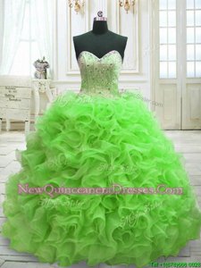 New Style Sleeveless Beading and Ruffles Lace Up Vestidos de Quinceanera with Spring Green Sweep Train