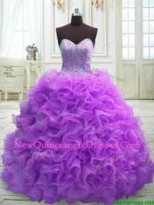 Pretty Sweetheart Sleeveless Sweep Train Lace Up 15th Birthday Dress Purple Organza