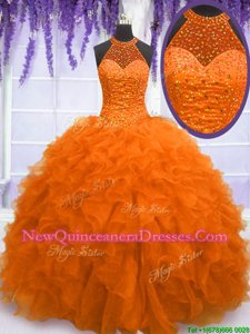 Modern Orange Ball Gowns Beading and Ruffles Sweet 16 Dress Lace Up Organza Sleeveless Floor Length