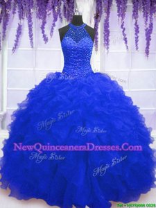 Custom Fit Sequins High-neck Sleeveless Lace Up Quince Ball Gowns Royal Blue Organza