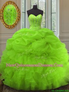 Fitting Spring Green Ball Gowns Beading and Ruffles and Pick Ups Quinceanera Dresses Lace Up Organza Sleeveless Floor Length