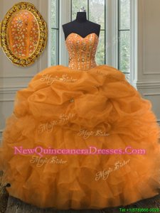 New Arrival Sleeveless Organza Floor Length Lace Up Ball Gown Prom Dress inOrange withBeading and Ruffles and Pick Ups