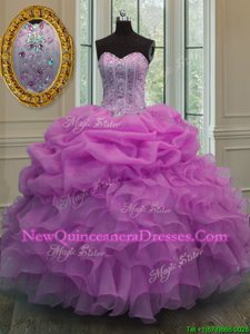 High Class Lilac Sweet 16 Quinceanera Dress Military Ball and Sweet 16 and Quinceanera and For withBeading and Ruffles and Pick Ups Sweetheart Sleeveless Lace Up