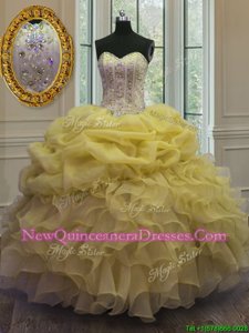 Customized Yellow Ball Gowns Beading and Ruffles and Pick Ups Ball Gown Prom Dress Lace Up Organza Sleeveless Floor Length