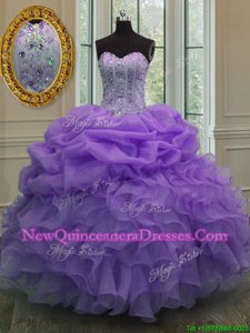 Lavender Organza Lace Up Sweetheart Sleeveless Floor Length Sweet 16 Quinceanera Dress Beading and Pick Ups