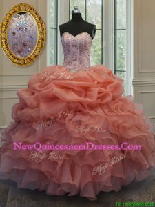 Glittering Sweetheart Sleeveless Organza Quinceanera Gown Beading and Pick Ups Lace Up