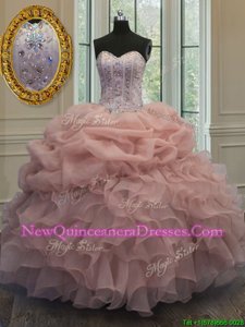 Floor Length Lace Up 15 Quinceanera Dress Baby Pink and In for Military Ball and Sweet 16 and Quinceanera withBeading and Pick Ups