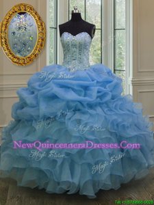 Most Popular Blue Lace Up Sweet 16 Dress Beading and Pick Ups Sleeveless Floor Length