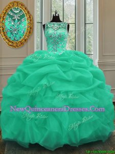 Excellent Scoop Sleeveless Organza Quinceanera Gown Beading and Pick Ups Lace Up