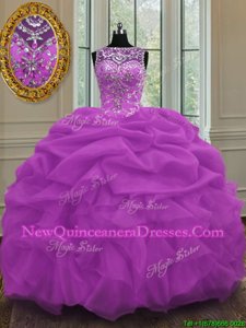 Glittering Scoop Lilac Ball Gowns Beading and Pick Ups Quinceanera Gowns Lace Up Organza Sleeveless Floor Length