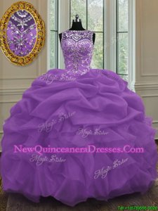 Exceptional Scoop Sleeveless Quinceanera Gowns Floor Length Beading and Pick Ups Purple Organza