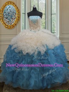 High End Blue And White Side Zipper Strapless Beading and Ruffles Ball Gown Prom Dress Organza Sleeveless