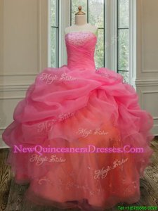 Best Watermelon Red Ball Gowns Organza Strapless Sleeveless Embroidery and Pick Ups Floor Length Lace Up Quinceanera Dress