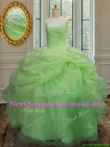 Strapless Sleeveless Quinceanera Dresses Floor Length Embroidery and Pick Ups Yellow Green Organza