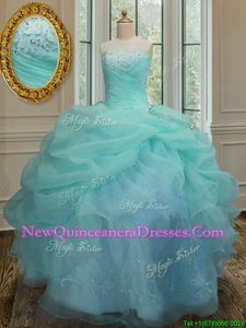 High Quality Floor Length Lace Up Ball Gown Prom Dress Aqua Blue and In for Military Ball and Sweet 16 and Quinceanera withEmbroidery and Pick Ups