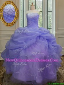 Low Price Floor Length Lace Up Ball Gown Prom Dress Lavender and In for Military Ball and Sweet 16 and Quinceanera withEmbroidery and Pick Ups